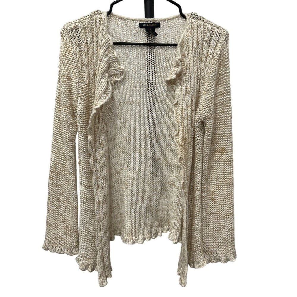 BCBG Max Azria Womens Open Knit Cardigan Sweater Beige Sz L